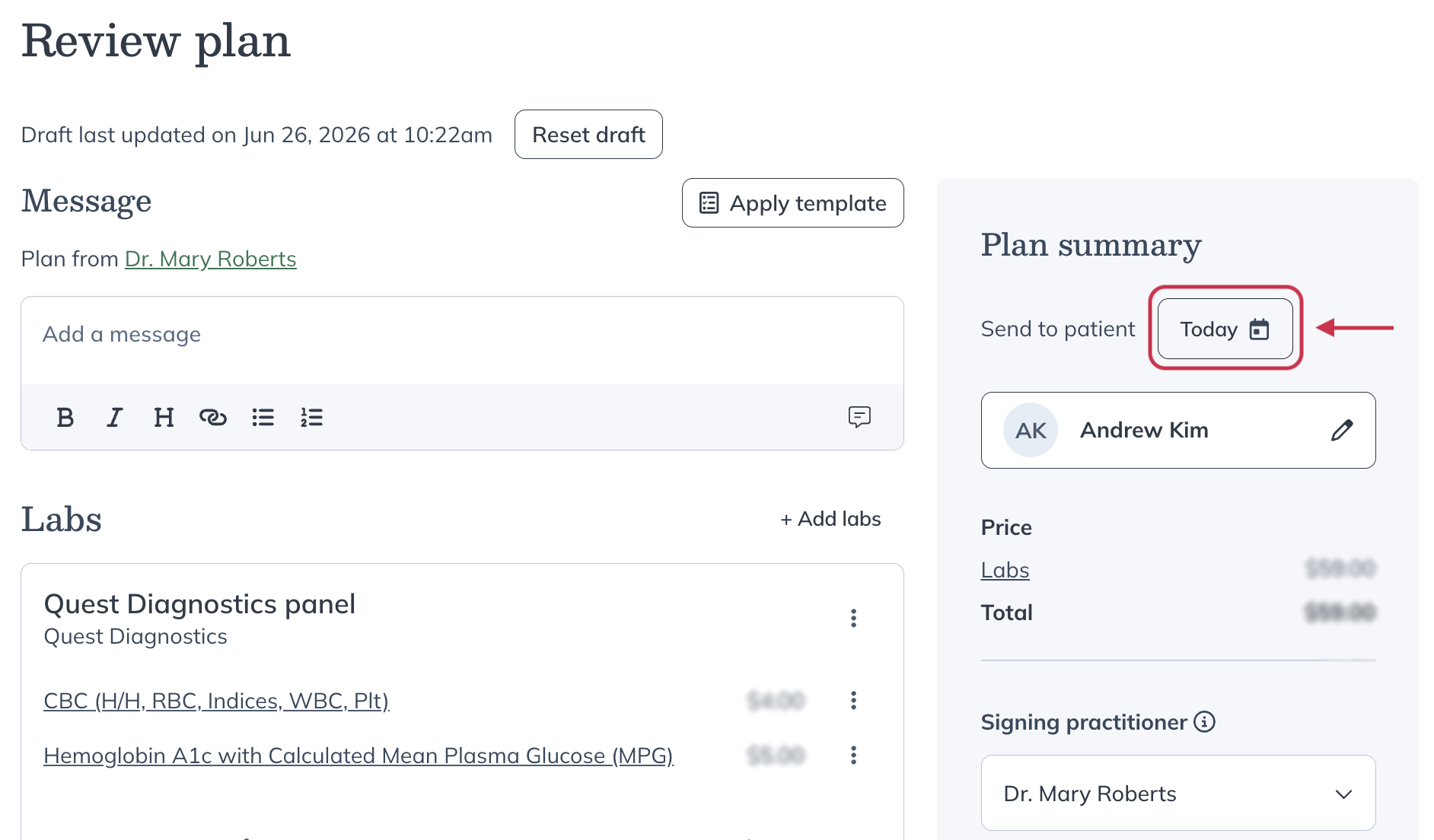 Review plan page showing where to select a future send date for a lab plan.